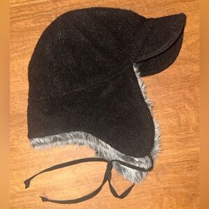 Hat Attack Black Trapper Hat with Gray Faux Fur Trim